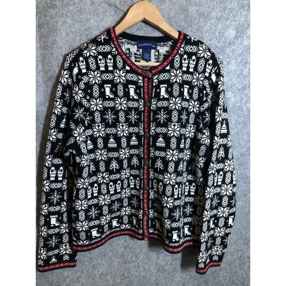 Charter Club Sweater Womens L Black Fair Isle Christmas Cardigan Knit Snowflake